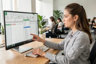 Femme utilisant une liste déroulante Excel sur un grand écran dans un bureau moderne