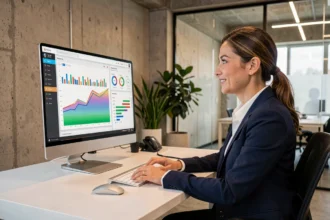 Une professionnelle du marketing numérique analysant des tableaux de bord d'intelligence artificielle sur un écran d'ordinateur dans un bureau moderne