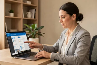 Femme utilisant Microsoft Defender Antivirus sur Windows 11 dans un bureau moderne