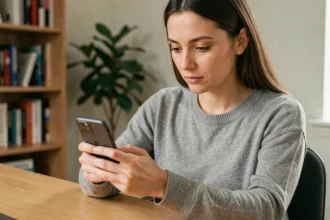 Femme utilisant son smartphone pour optimiser le stockage de son téléphone sans supprimer de fichiers