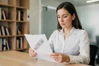 Femme professionnelle examinant un document imprimé avec un filigrane visible dans un bureau moderne