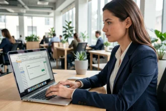 Femme en blazer bleu marine protégeant un fichier Excel par mot de passe sur son ordinateur portable dans un bureau moderne