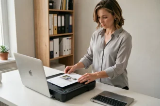 Femme utilisant un scanner à plat pour numériser un document dans un bureau à domicile moderne