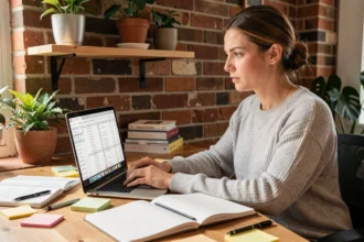 Femme travaillant sur une stratégie de contenu longue traîne avec des recherches de mots-clés sur un ordinateur portable dans un bureau à domicile