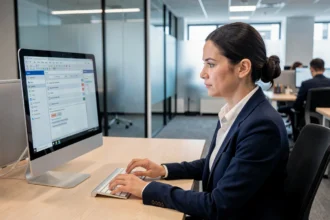 Femme professionnelle utilisant un progiciel ERP sur un ordinateur de bureau dans un bureau moderne