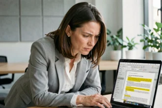 Femme analysant un document PDF sur un écran d'ordinateur portable pour vérifier la présence d'une couche OCR