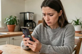 Femme consultant les paramètres de partage de connexion sur son smartphone dans une cuisine