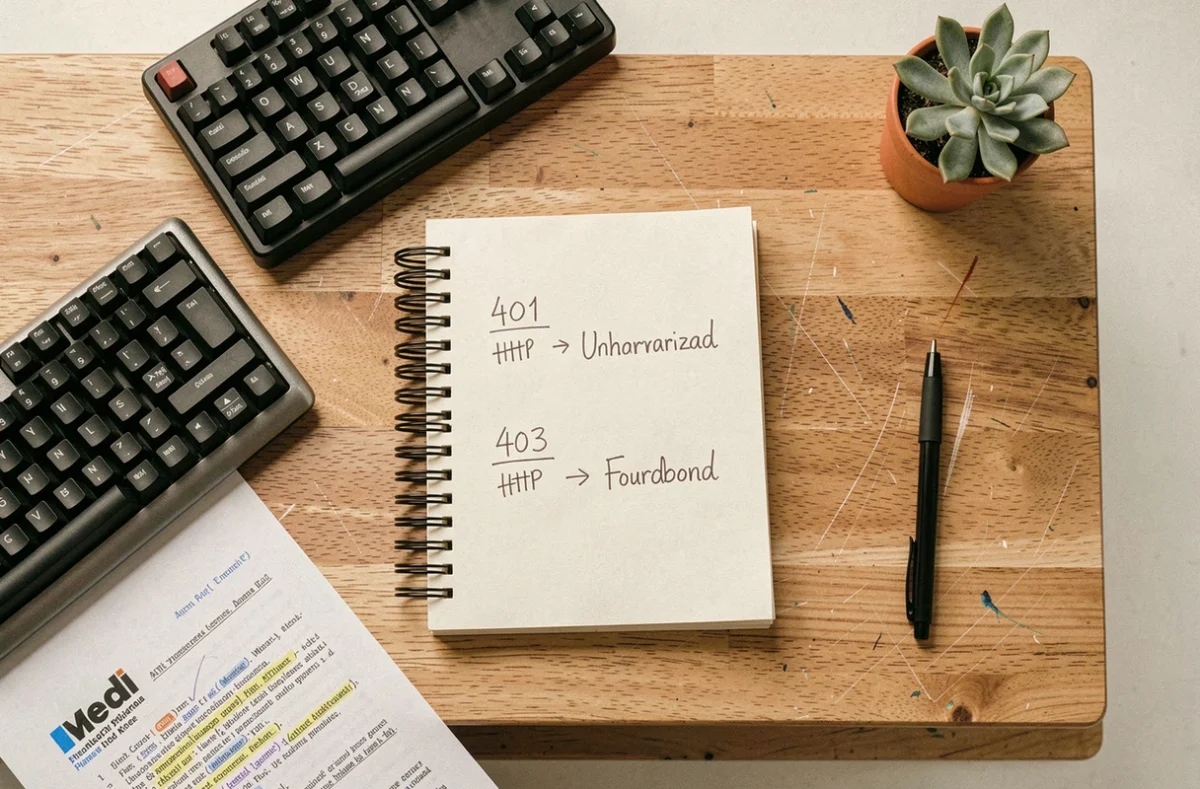 Vue de dessus d'un bureau avec un carnet de notes comparant les codes d'erreur HTTP 401 et 403, entouré de matériel de développement