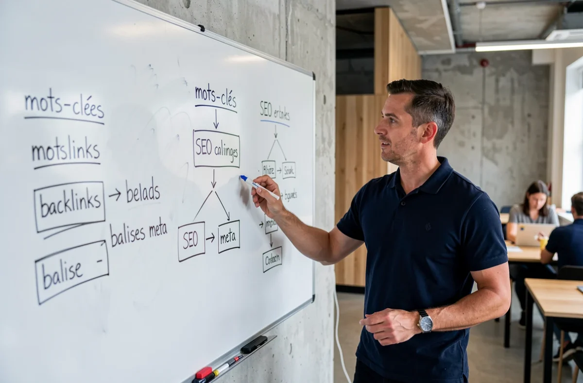 Formateur expliquant les bases du référencement SEO sur un tableau blanc dans un espace de coworking