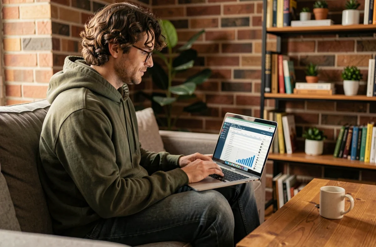 Jeune homme travaillant sur un logiciel de comptabilité depuis son bureau à domicile