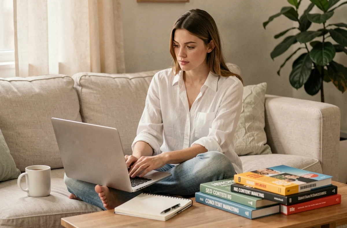 Jeune femme freelance travaillant sur une stratégie de contenu avec des mots clés à long terme depuis son salon