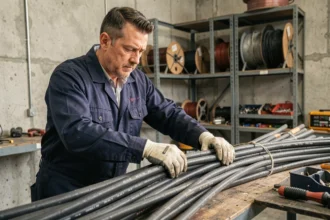 Électricien manipulant des câbles gainés sur un établi dans un atelier industriel