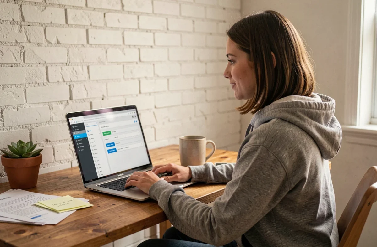 Femme gérant un hébergement web depuis un bureau à domicile sur un ordinateur portable