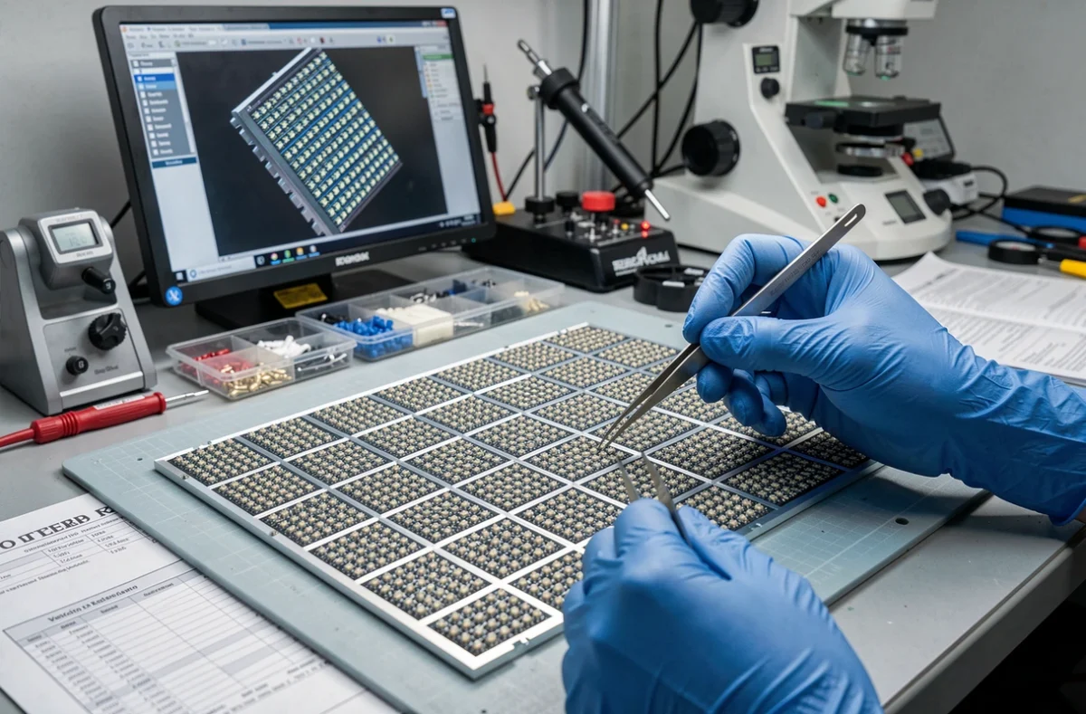 Gros plan sur les matrices de diodes LED d'un panneau d'affichage démonté sur un établi technique avec instruments de précision