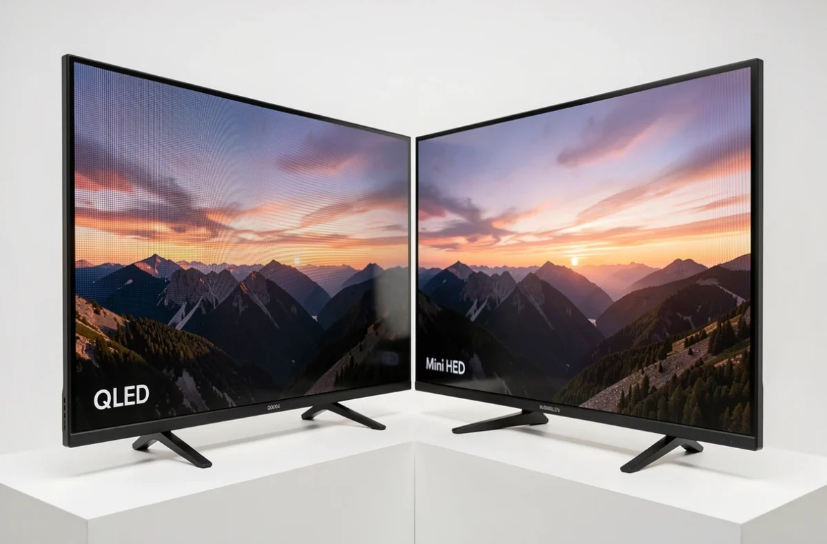 Gros plan sur deux écrans QLED et Mini LED QLED affichant la même image pour comparer la qualité d'image