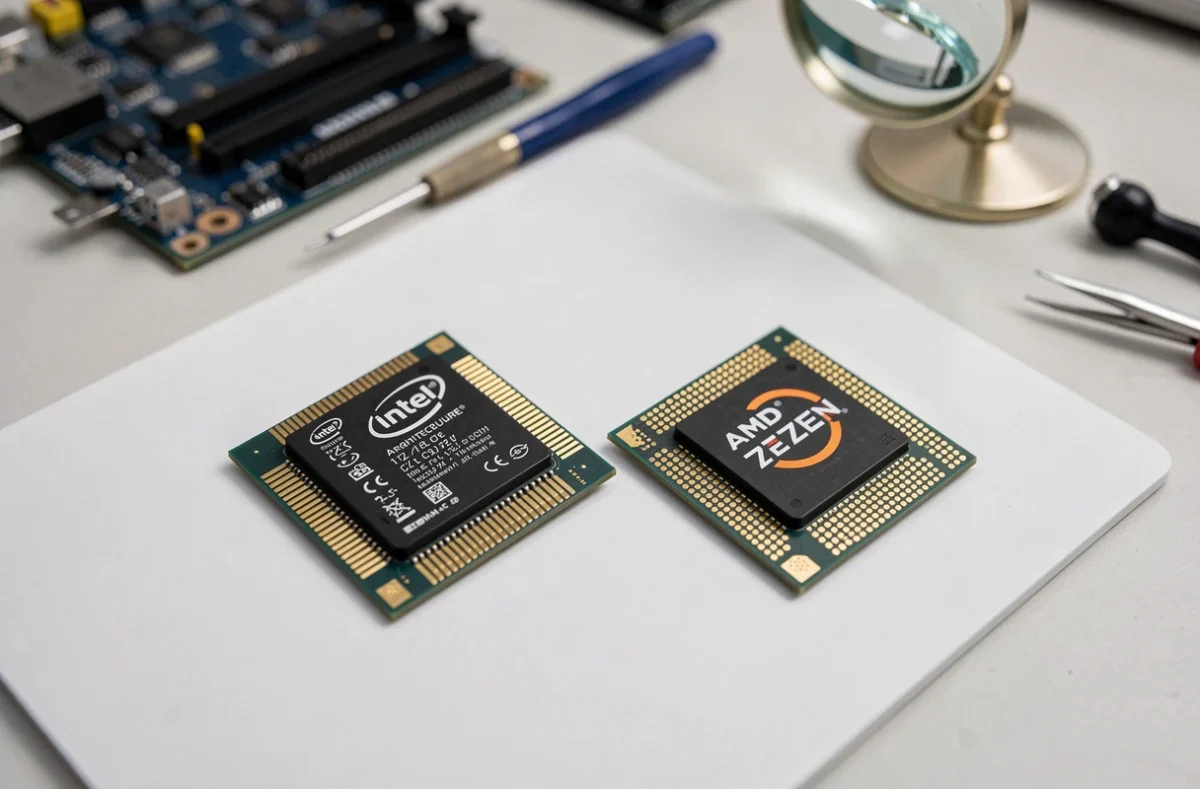 Gros plan macro sur deux processeurs Intel et AMD Ryzen posés côte à côte sur un tapis antistatique blanc