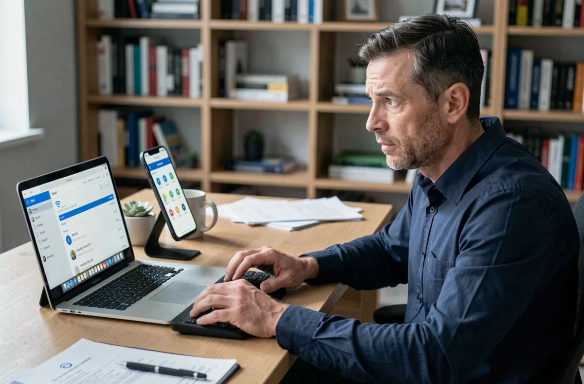 Homme vérifiant la liste des appareils connectés à son partage de connexion sur ordinateur portable