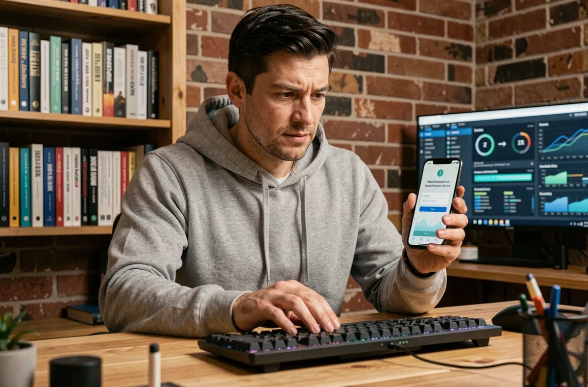 Homme utilisant l'authentification à deux facteurs sur smartphone pour sécuriser ses mots de passe à domicile