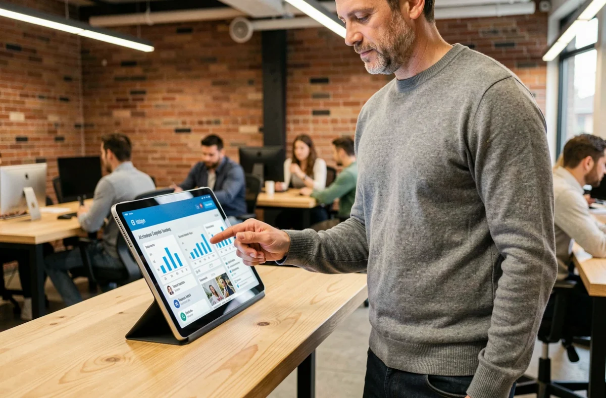Un homme d'affaires consultant des résultats de campagnes marketing pilotées par l'IA sur une tablette dans un espace de co-working