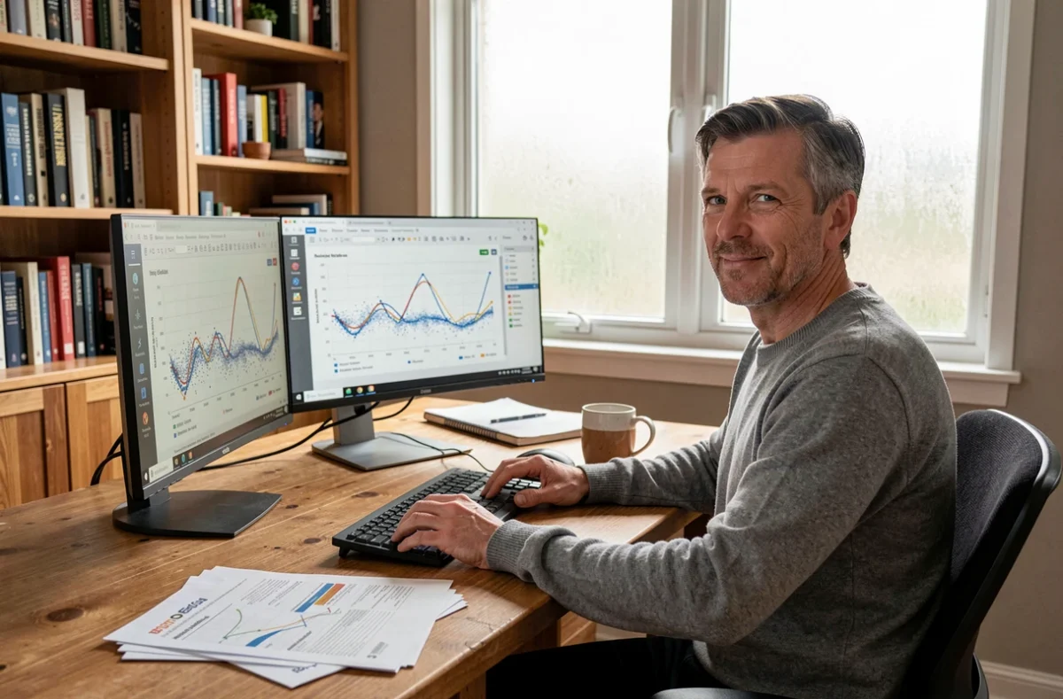 Homme travaillant sur des courbes de tendance avec un logiciel de visualisation de données sur deux écrans dans un bureau à domicile