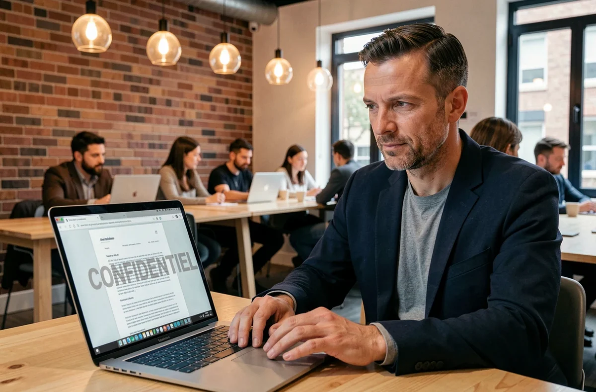 Homme en blazer travaillant sur un document PDF avec filigrane confidentiel sur un ordinateur portable dans un espace de coworking