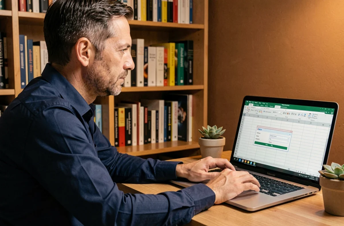 Homme travaillant sur Excel avec une liste déroulante dans un bureau à domicile