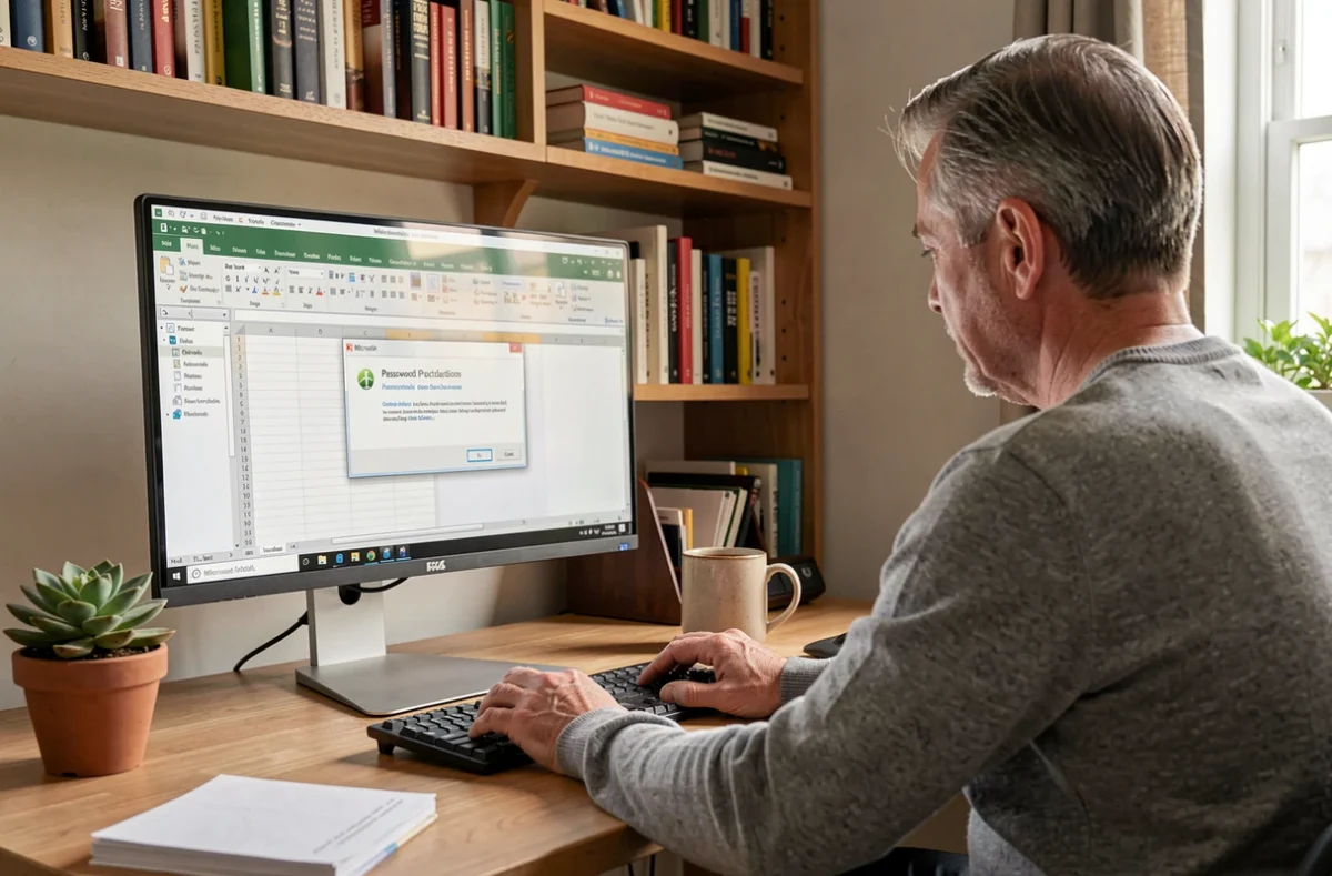 Homme en pull gris configurant un mot de passe sur un fichier Excel depuis son bureau à domicile avec un grand écran