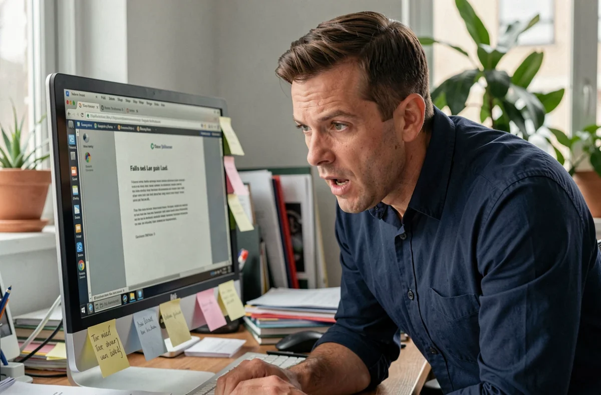 Homme scrutant un écran d'ordinateur de bureau avec une visionneuse PDF qui ne charge pas dans un navigateur web