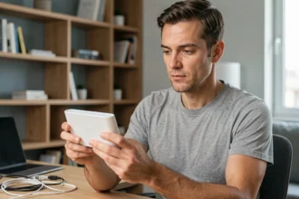 Homme tenant un routeur Wi-Fi 6E moderne dans un bureau à domicile, comparant les technologies réseau sans fil