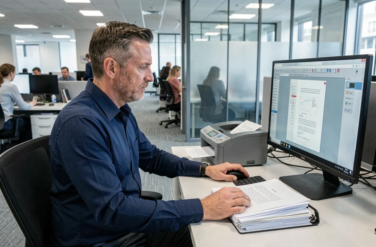Homme en open space numérisant des documents avec un scanner de bureau connecté à un ordinateur