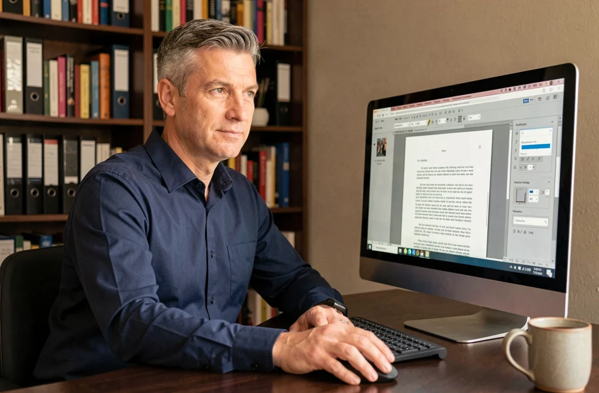 Homme utilisant un outil de sélection de texte dans un lecteur PDF pour identifier une couche OCR sur un document numérisé