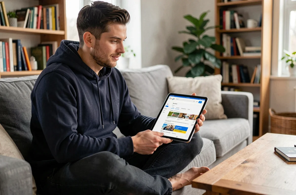 Un jeune homme consultant les résultats de recherche SERP sur une tablette depuis son salon