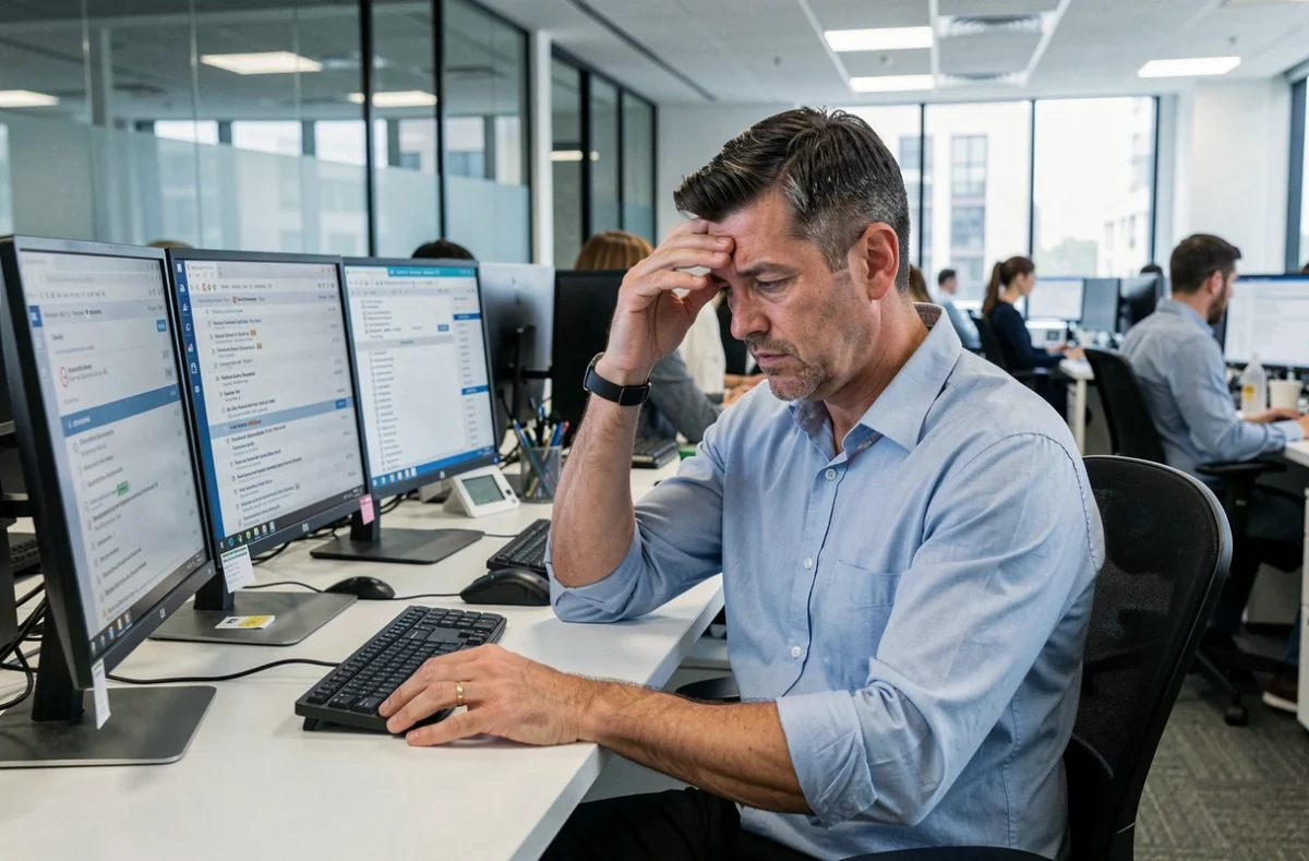Homme débordé par une surcharge de courriels professionnels dans un bureau en open space