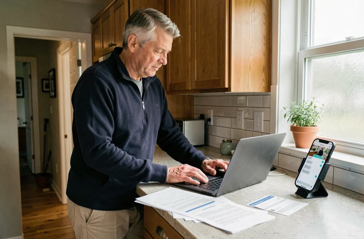 Homme en télétravail depuis son domicile avec ordinateur portable et smartphone, symbole du travail hybride et de la digitalisation des emplois