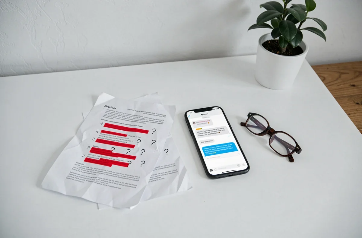 Vue de dessus d'un bureau minimaliste avec document imprimé annoté d'erreurs et smartphone affichant une réponse incorrecte d'une IA