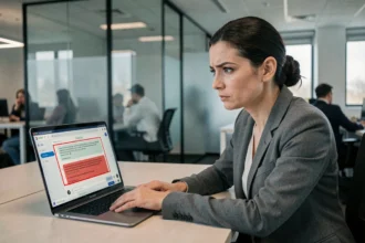 Femme cadre exprimant de la méfiance face à une réponse erronée d'un chatbot IA sur son ordinateur portable dans un bureau moderne