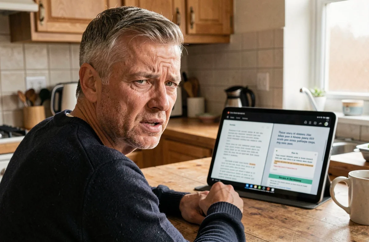 Homme à domicile perplexe devant des informations contradictoires générées par une intelligence artificielle sur sa tablette