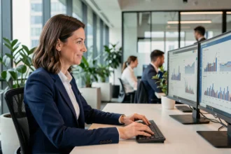 Femme cadre en entreprise analysant des tableaux de bord numériques sur deux écrans dans un bureau moderne et lumineux