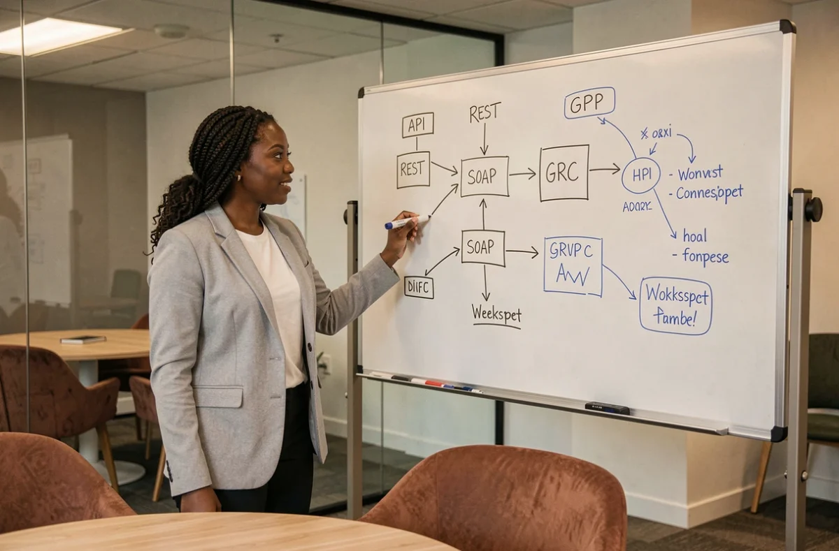 Ingénieure data expliquant les différents types d'API sur un tableau blanc en salle de réunion