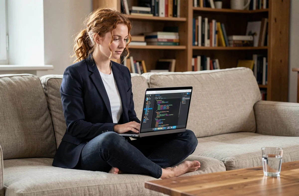 Une jeune femme utilisant les outils de développement d'un navigateur pour inspecter le code d'un site web sur son ordinateur portable