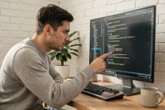 Un développeur web inspectant le code HTML d'un site sur un écran d'ordinateur dans un bureau moderne