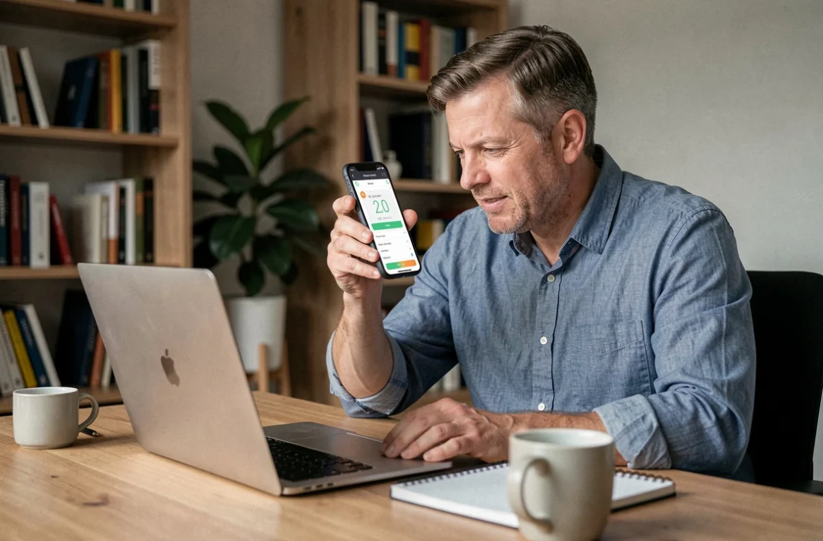 Homme consultant une application de thermomètre sur iPhone dans un bureau à domicile