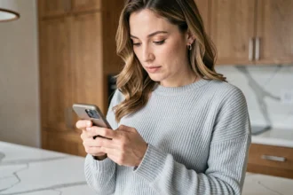 Femme tenant un iPhone dans une cuisine moderne, regardant l'écran pour vérifier une application thermomètre