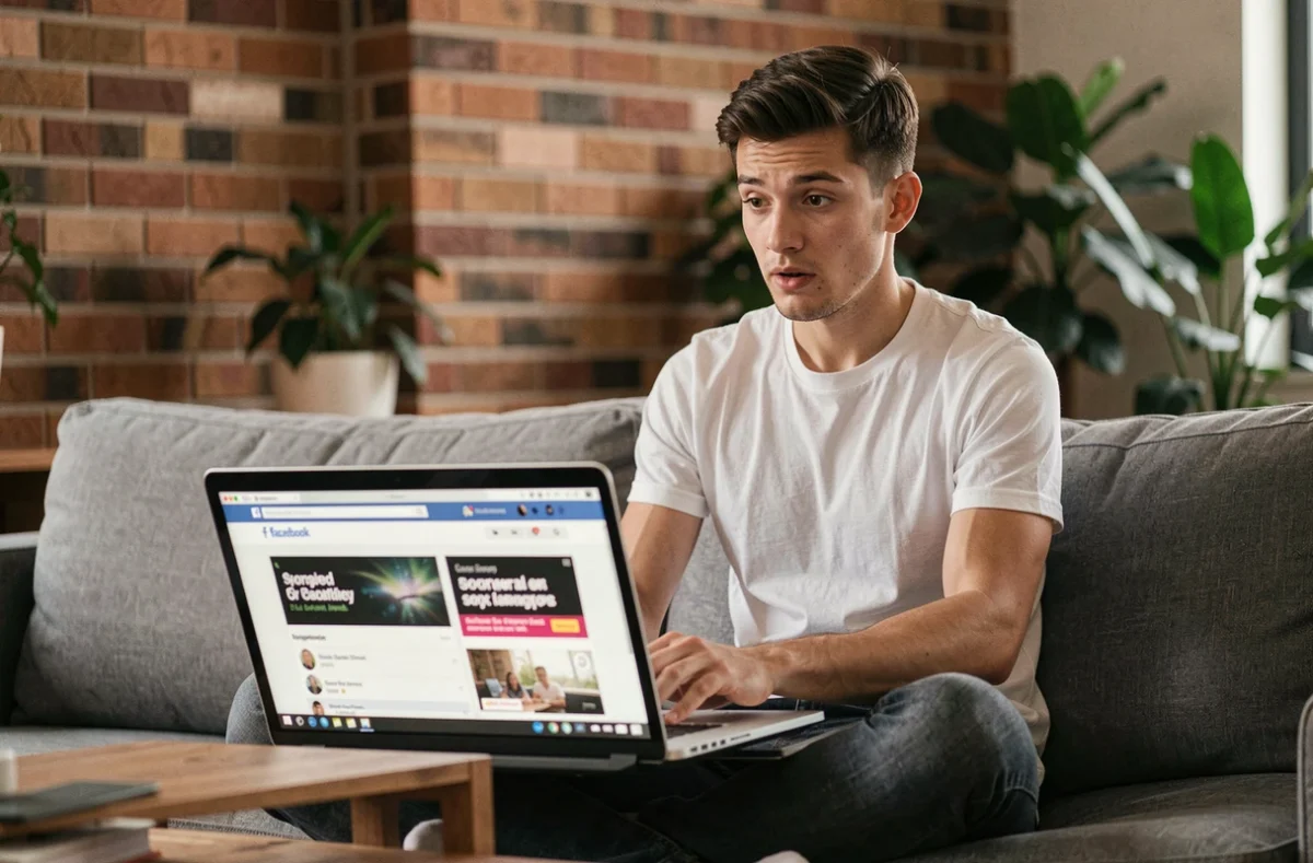 Jeune homme remarquant une publicité Facebook ciblée sur son ordinateur portable dans un salon