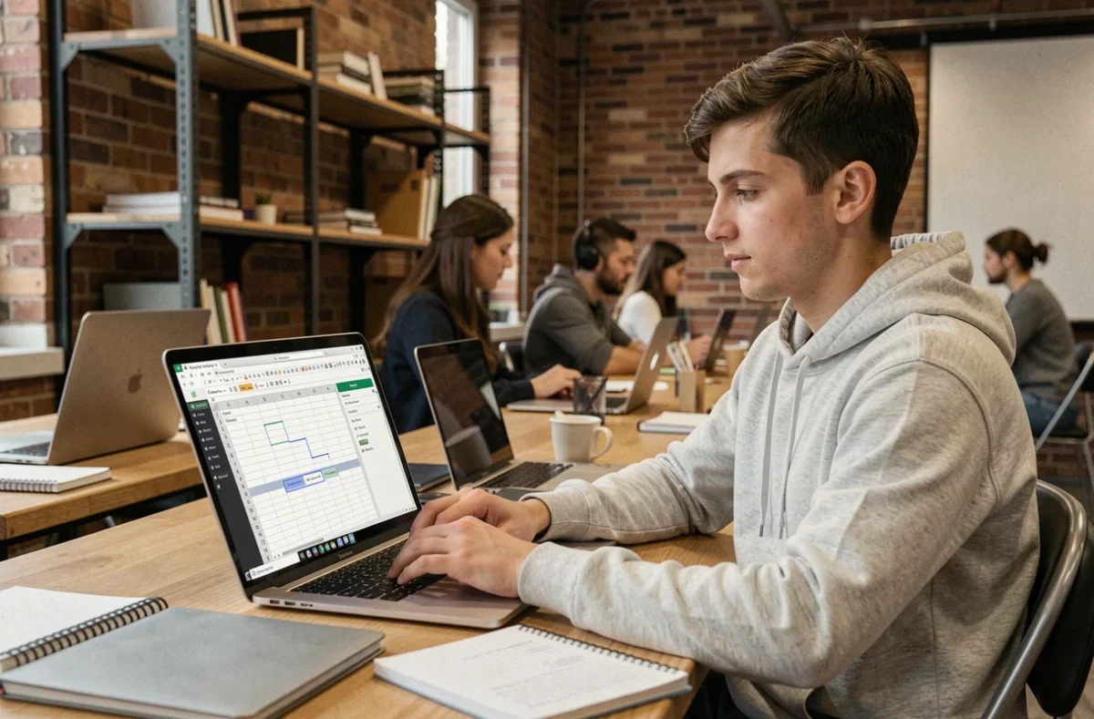 Jeune professionnel sécurisant un fichier Excel avec un mot de passe dans un espace de coworking au style industriel