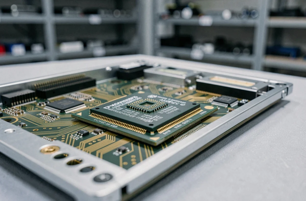 Vue macro d'un processeur CPU posé sur une carte mère avec détails du die en silicium et connecteurs dorés visibles