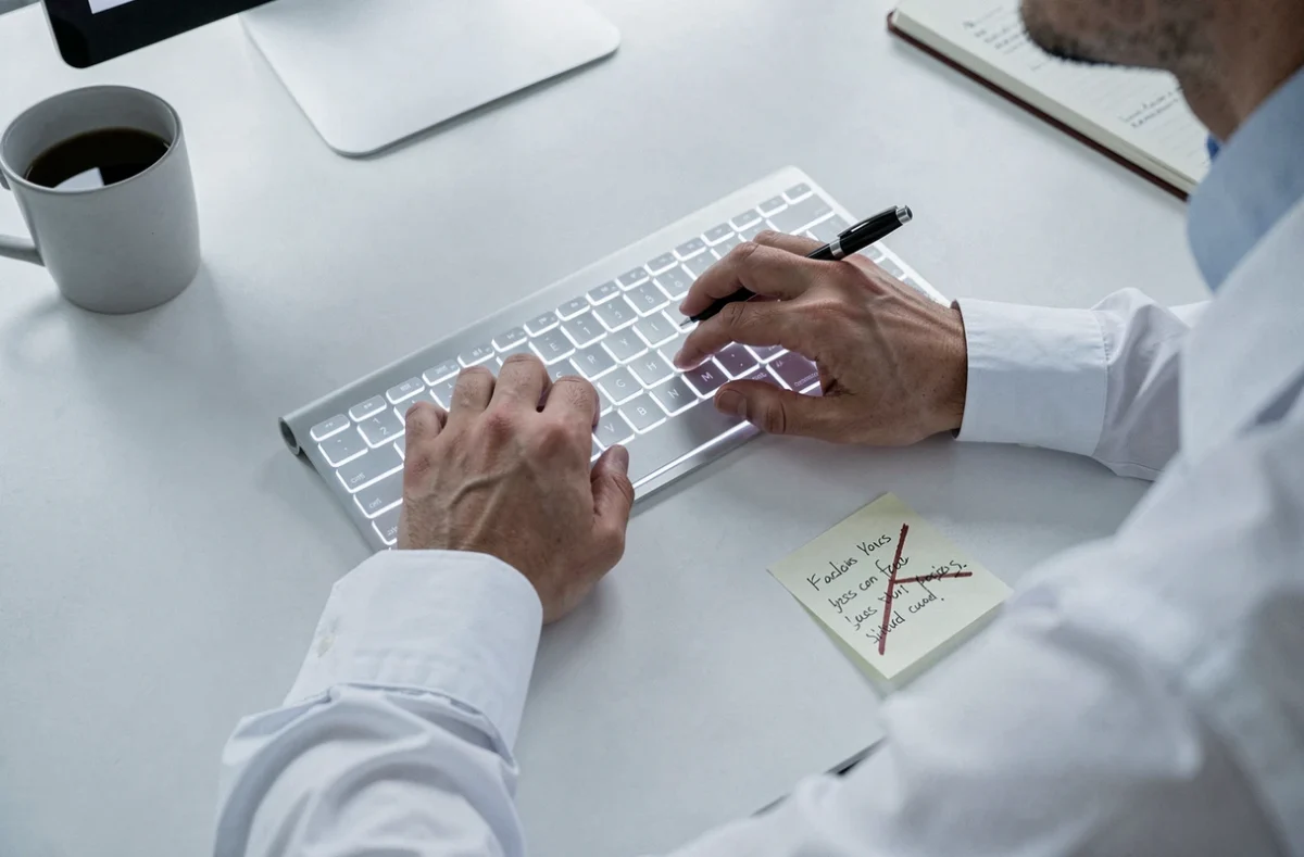 Mains en train de taper un mot de passe fort sur un clavier avec une note rappelant les mauvaises pratiques à éviter