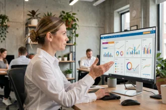 Une professionnelle du marketing numérique analysant des données générées par intelligence artificielle sur un écran dans un bureau moderne