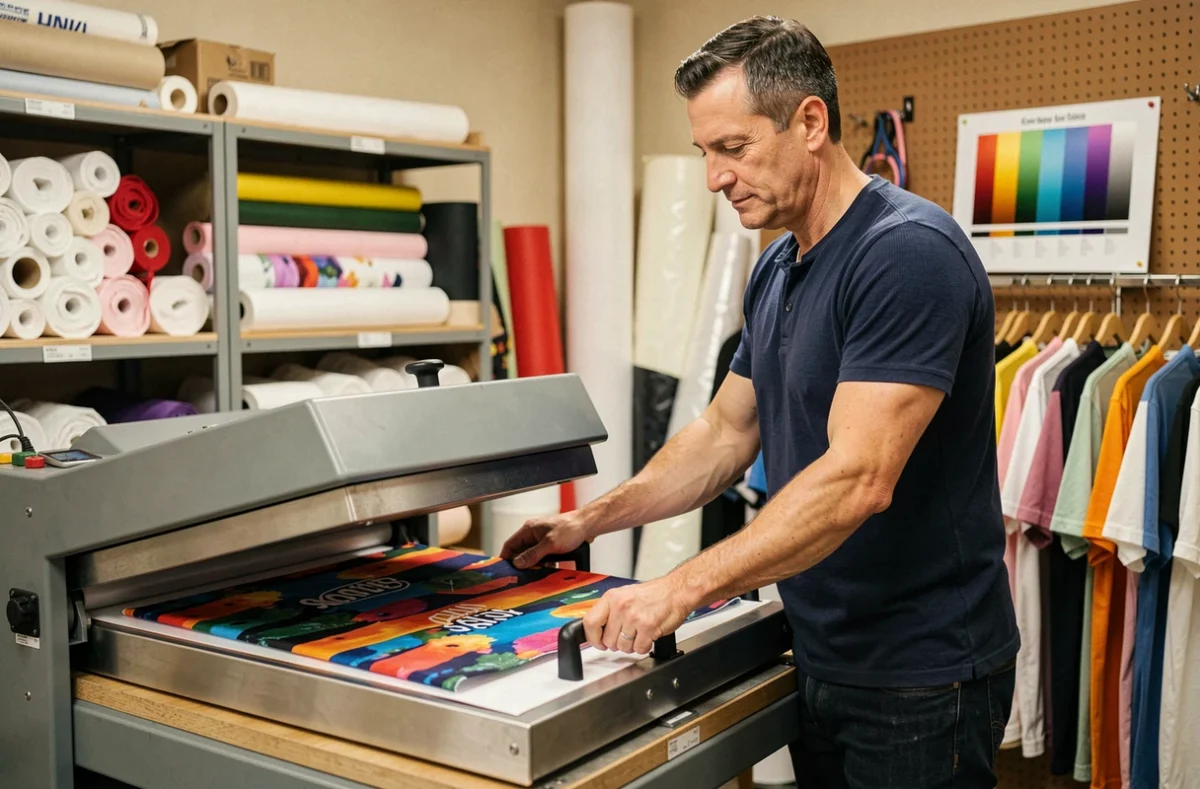 Opérateur utilisant une presse à chaleur pour la sublimation textile dans un atelier d'impression personnalisée