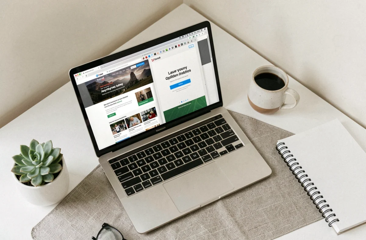 Ordinateur portable affichant un site web classique et une landing page épurée côte à côte sur un bureau minimaliste